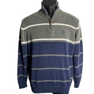 US Polo Assn Quarter Zip Pullover Sweater S Grey Blue Stripe Knit High Collar
